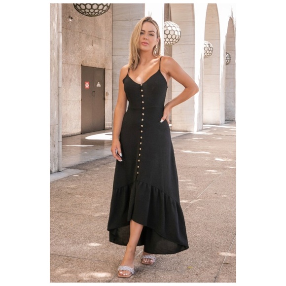 SOLD OUT Black Solid High Low Button Front Maxi Sleeveless Summer Casual Dress - Picture 2 of 7